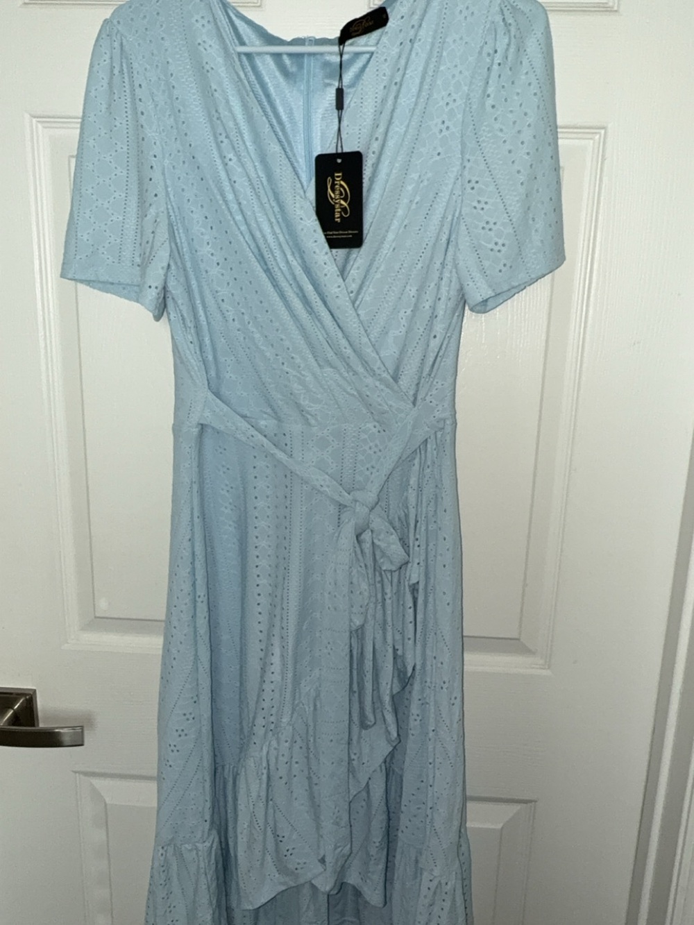 Amazon Light Blue Eyelet Faux Wrap Midi Dress